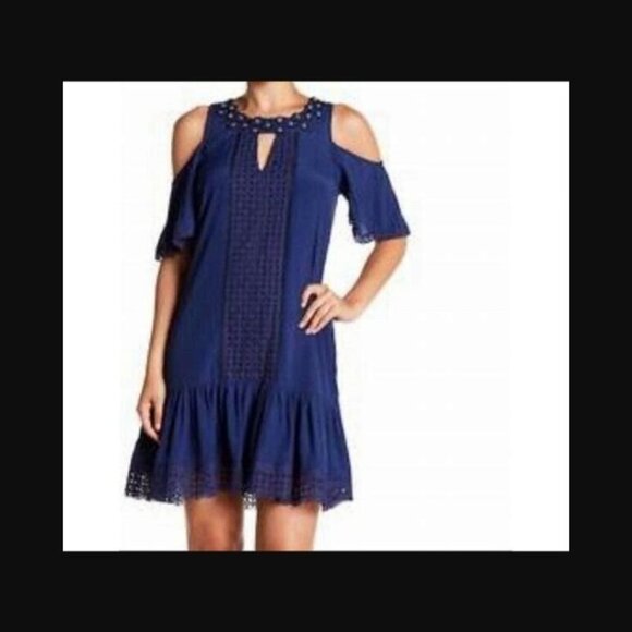 Hale Bob Cold Shoulder Blue Grommet Dress sz M - Picture 1 of 7